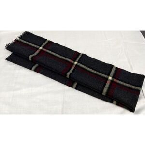 Briggs 100% Virgin Wool Scarf Mens Plaid Dark Grey Cranberry Mini Fringe England